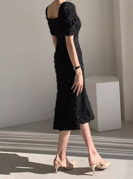 ３カラー リトルドレス 軽やかで大人っぽいヘボン風ドレス ウエスタン風 スリムスカート フレンチ膝丈ロングスカート サマードレス フォレストスタイル ロングスカート スクエアネックドレス レディース