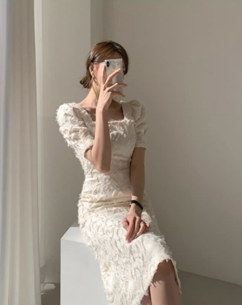 ３カラー リトルドレス 軽やかで大人っぽいヘボン風ドレス ウエスタン風 スリムスカート フレンチ膝丈ロングスカート サマードレス フォレストスタイル ロングスカート スクエアネックドレス レディース