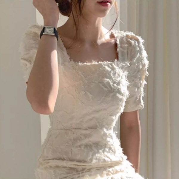 ３カラー リトルドレス 軽やかで大人っぽいヘボン風ドレス ウエスタン風 スリムスカート フレンチ膝丈ロングスカート サマードレス フォレストスタイル ロングスカート スクエアネックドレス レディース