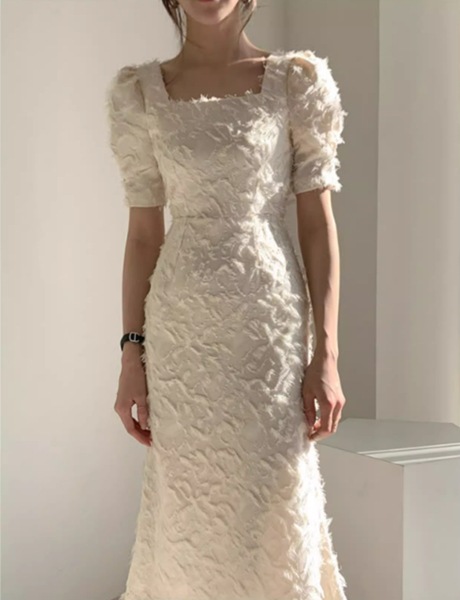 ３カラー リトルドレス 軽やかで大人っぽいヘボン風ドレス ウエスタン風 スリムスカート フレンチ膝丈ロングスカート サマードレス フォレストスタイル ロングスカート スクエアネックドレス レディース