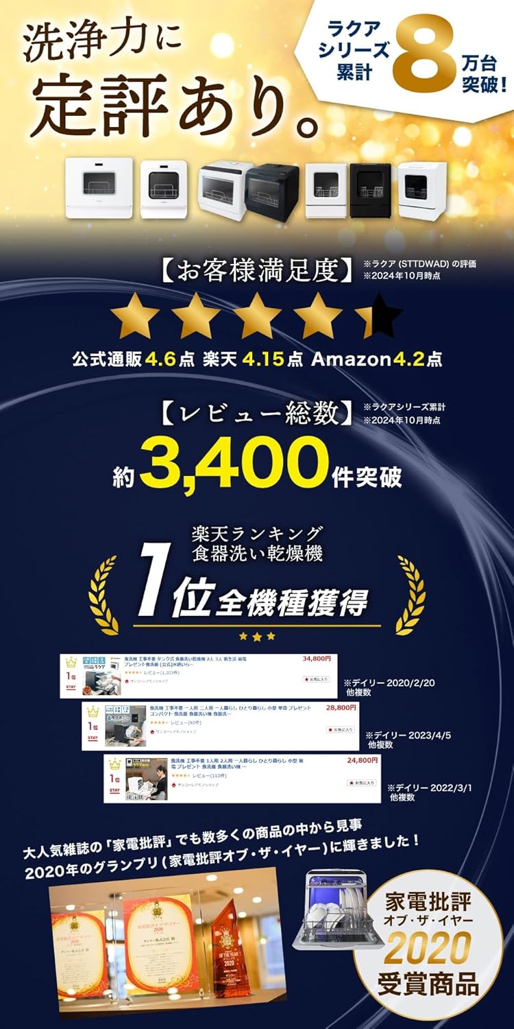 THANKO 工事不要でシンク横に置けるタンク式食洗機 ラクアmini Plus (マットブラック) ラクア 食器洗い乾燥機 一人用 二人用 THANKO 工事不要でシンク横に置けるタンク式食洗機 ラクアmini Plus (マットブラック) ラクア 食器洗い乾燥機 一人用 二人用