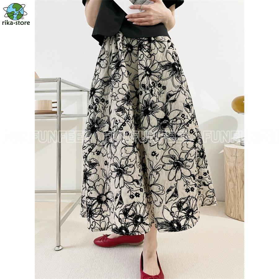 花柄スカート ロングスカート キレイ 花刺繍 フレアスカート ボトムス ロング 総花柄 スカート 体型カバー 春 夏 秋 ウエストゴム 通勤 30代 50代