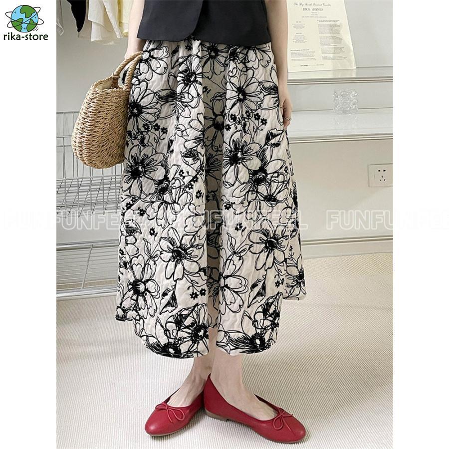 花柄スカート ロングスカート キレイ 花刺繍 フレアスカート ボトムス ロング 総花柄 スカート 体型カバー 春 夏 秋 ウエストゴム 通勤 30代 50代