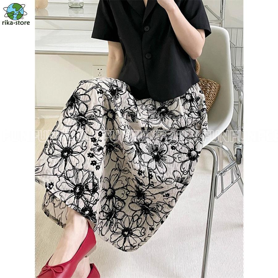 花柄スカート ロングスカート キレイ 花刺繍 フレアスカート ボトムス ロング 総花柄 スカート 体型カバー 春 夏 秋 ウエストゴム 通勤 30代 50代