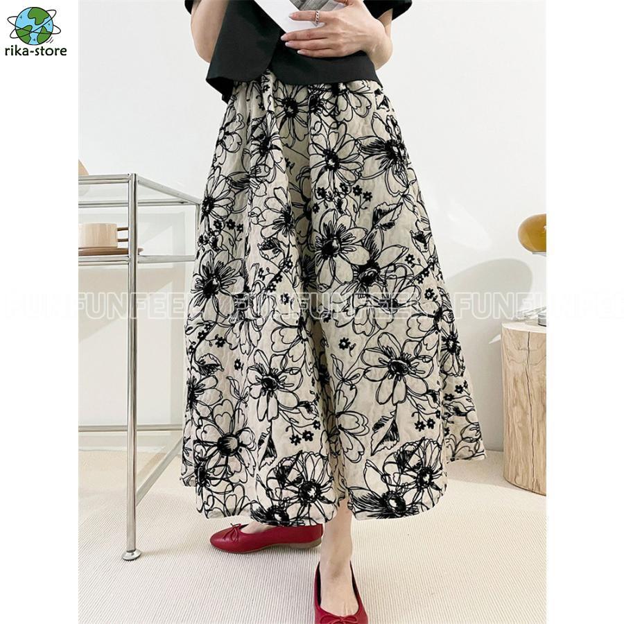 花柄スカート ロングスカート キレイ 花刺繍 フレアスカート ボトムス ロング 総花柄 スカート 体型カバー 春 夏 秋 ウエストゴム 通勤 30代 50代
