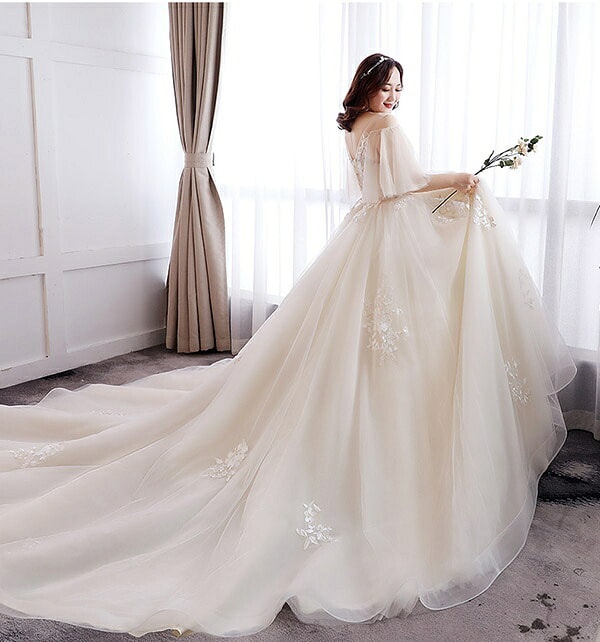 ウェディングドレス マーメイド 白 ライトシャンパン 大きいサイズ 袖あり 着痩せ ぽっちゃり 花嫁 結婚式 二次会 ドレス 編み上げタイプ レース ロングドレス トレーンドレス ウエディングドレス