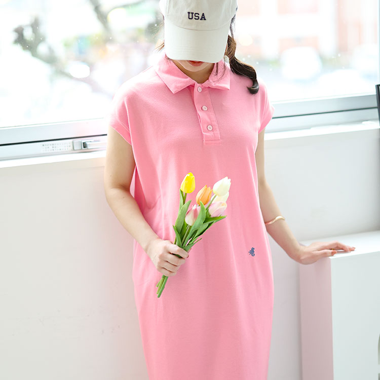 大きいサイズレディース ワンピース ポロワンピース ワンピ ロングワンピース ロング レギュラーカラー ポロ衿 半袖 フレンチスリーブ スリット ポケット Iライン 無地 ワッペン 鹿の子 韓国ファッ