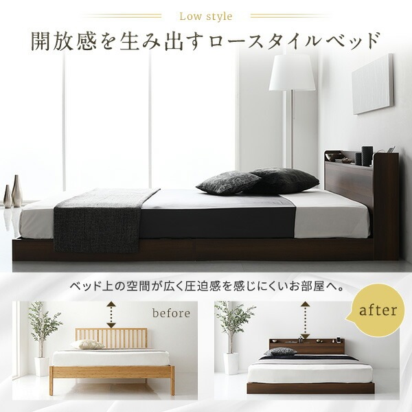 ベッド 低床 ロータイプ すのこ 木製 LED照明付き 宮付き 棚付き コンセント付き シンプル モダン ブラック ダブル ボンネルコイルマットレス付き