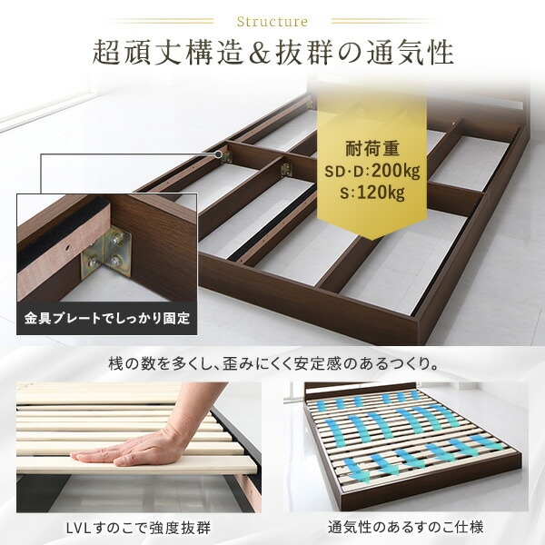 ベッド 低床 ロータイプ すのこ 木製 LED照明付き 宮付き 棚付き コンセント付き シンプル モダン ブラック ダブル ボンネルコイルマットレス付き