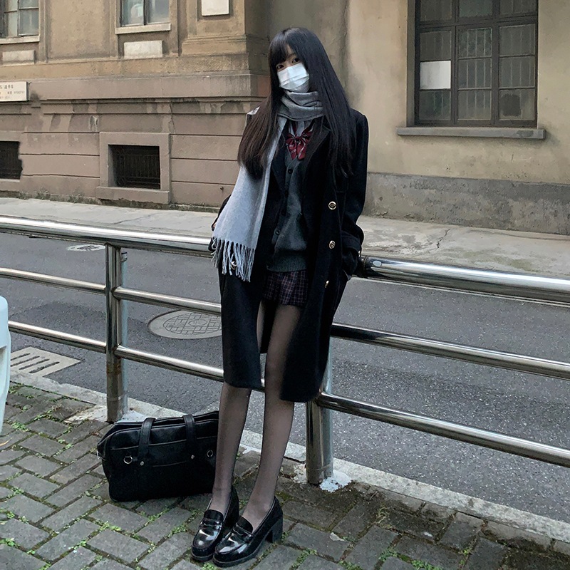 JKカレッジスタイルコートウールコートブラックダブルブレストプラッシュコート冬ジンナンレディース JKカレッジスタイルコートウールコートブラックダブルブレストプラッシュコート冬ジンナンレディース