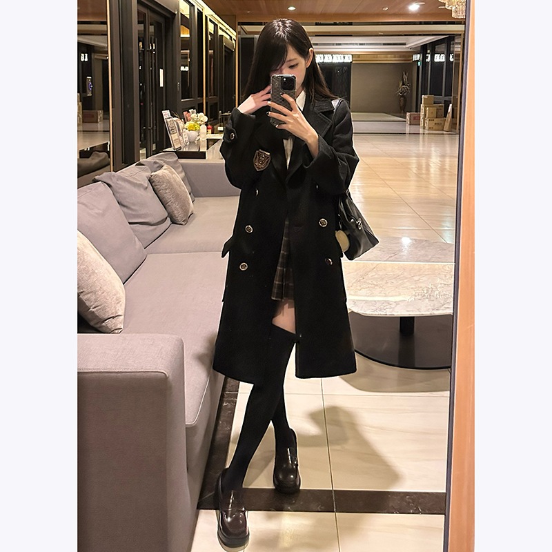 JKカレッジスタイルコートウールコートブラックダブルブレストプラッシュコート冬ジンナンレディース JKカレッジスタイルコートウールコートブラックダブルブレストプラッシュコート冬ジンナンレディース