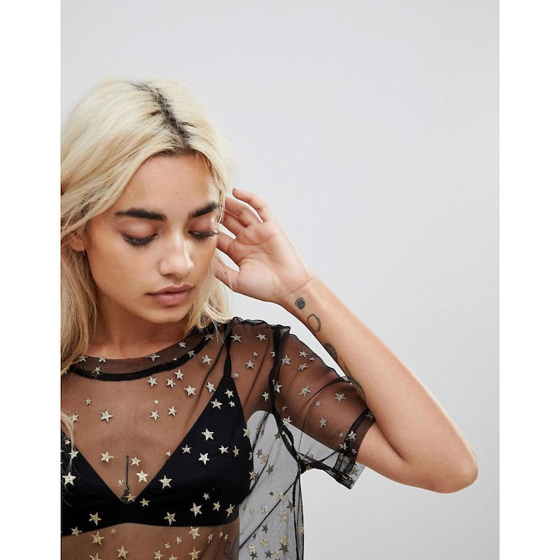 グラマラス レディース トップス【Glamorous Petite Top In Sheer Mesh With Metallic Embroidered Stars】Black グラマラス レディース トップス【Glamorous Petite Top In Sheer Mesh With Metallic Embroidered Stars】Black