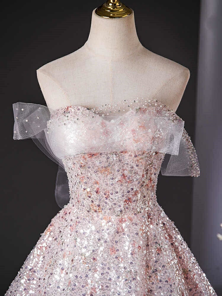 カラードレス ロングドレス パーティードレス ピンク スパンコール オフショル チュール キラキラ ビスチェ ベアトップ ウェディングドレス ウエディングドレス 結婚式 二次会 花嫁 前撮り 演奏会