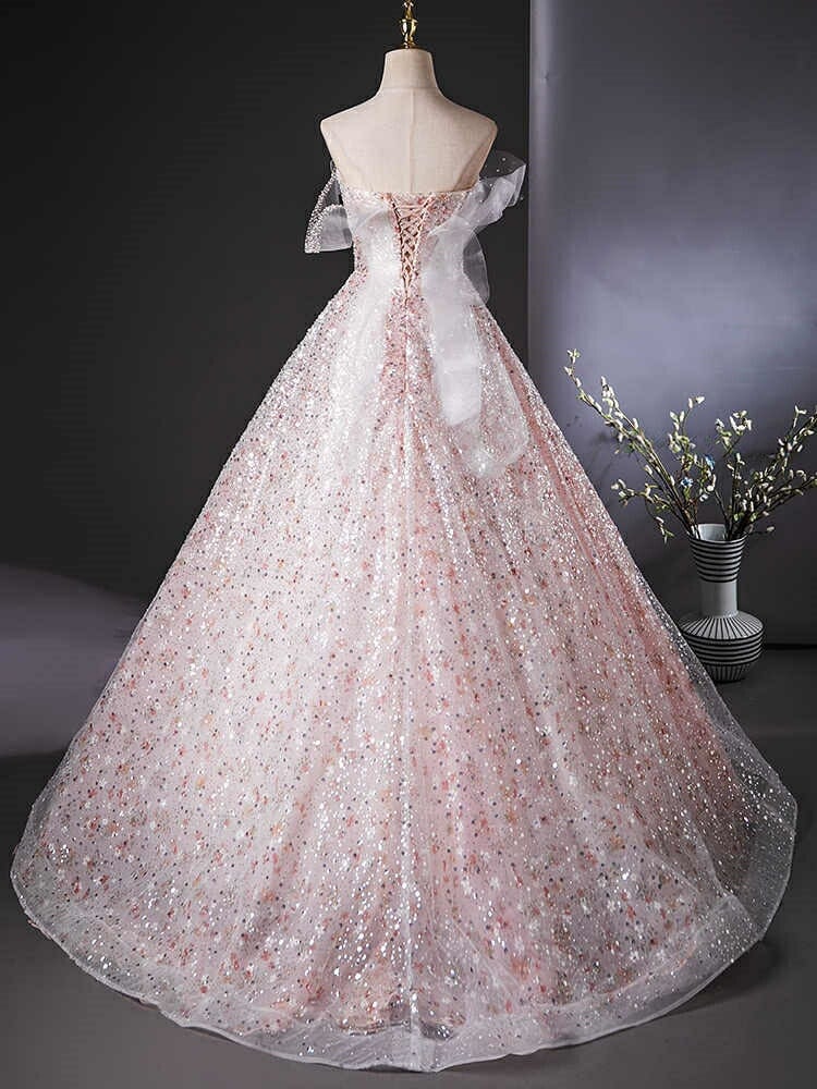 カラードレス ロングドレス パーティードレス ピンク スパンコール オフショル チュール キラキラ ビスチェ ベアトップ ウェディングドレス ウエディングドレス 結婚式 二次会 花嫁 前撮り 演奏会
