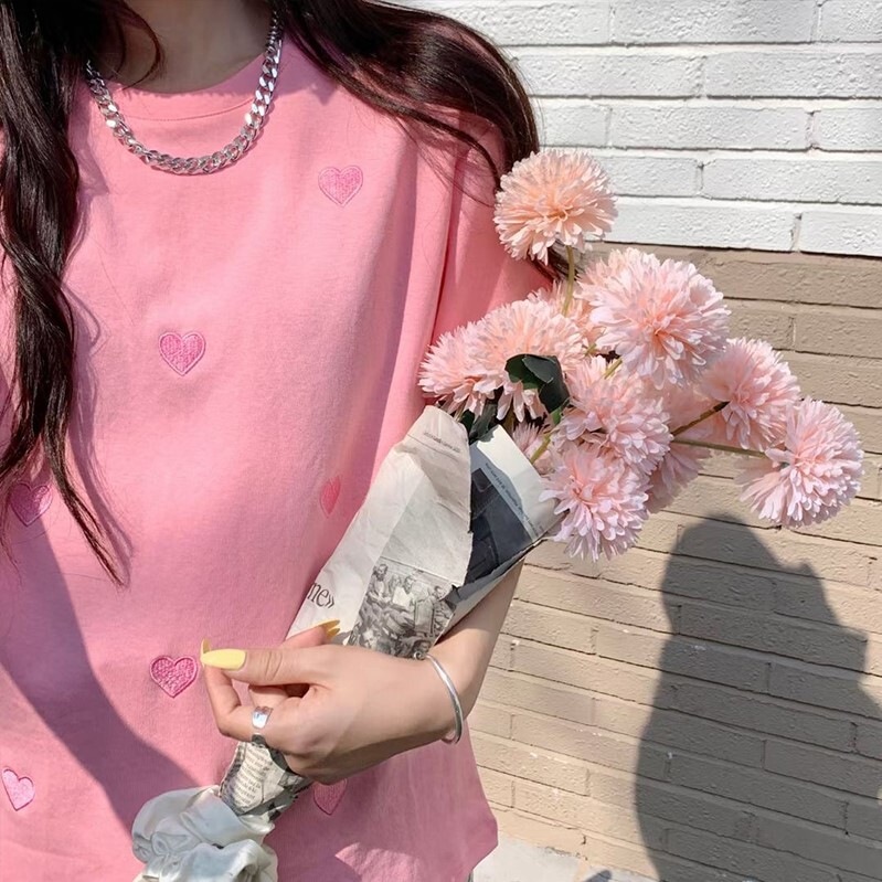 ハート柄Tシャツ ピンク ブルー トップス Tシャツ シャツ 半袖 スリム 細身 ストレート