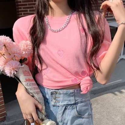 ハート柄Tシャツ ピンク ブルー トップス Tシャツ シャツ 半袖 スリム 細身 ストレート