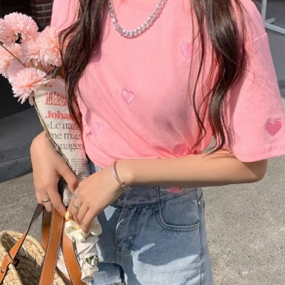 ハート柄Tシャツ ピンク ブルー トップス Tシャツ シャツ 半袖 スリム 細身 ストレート