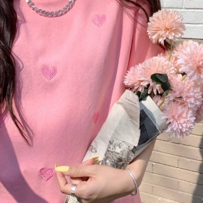 ハート柄Tシャツ ピンク ブルー トップス Tシャツ シャツ 半袖 スリム 細身 ストレート