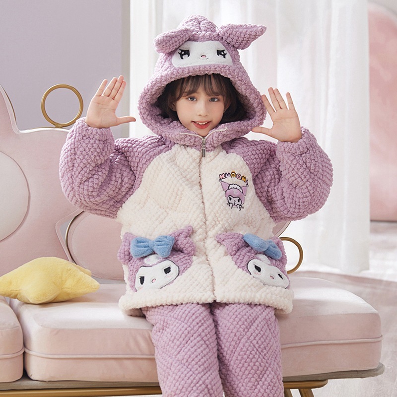 児童クロミ女児フランネル冬パジャマ3層綿入り厚手サンゴ絨毯部屋着セット