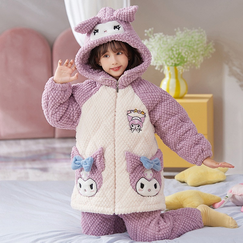 児童クロミ女児フランネル冬パジャマ3層綿入り厚手サンゴ絨毯部屋着セット