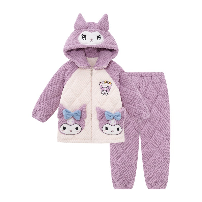 児童クロミ女児フランネル冬パジャマ3層綿入り厚手サンゴ絨毯部屋着セット