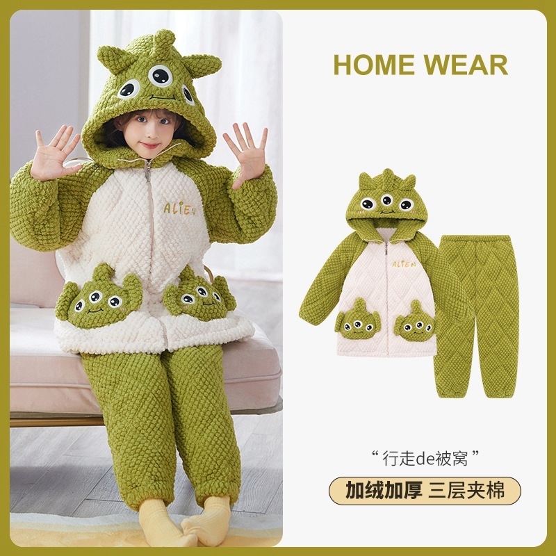 児童クロミ女児フランネル冬パジャマ3層綿入り厚手サンゴ絨毯部屋着セット