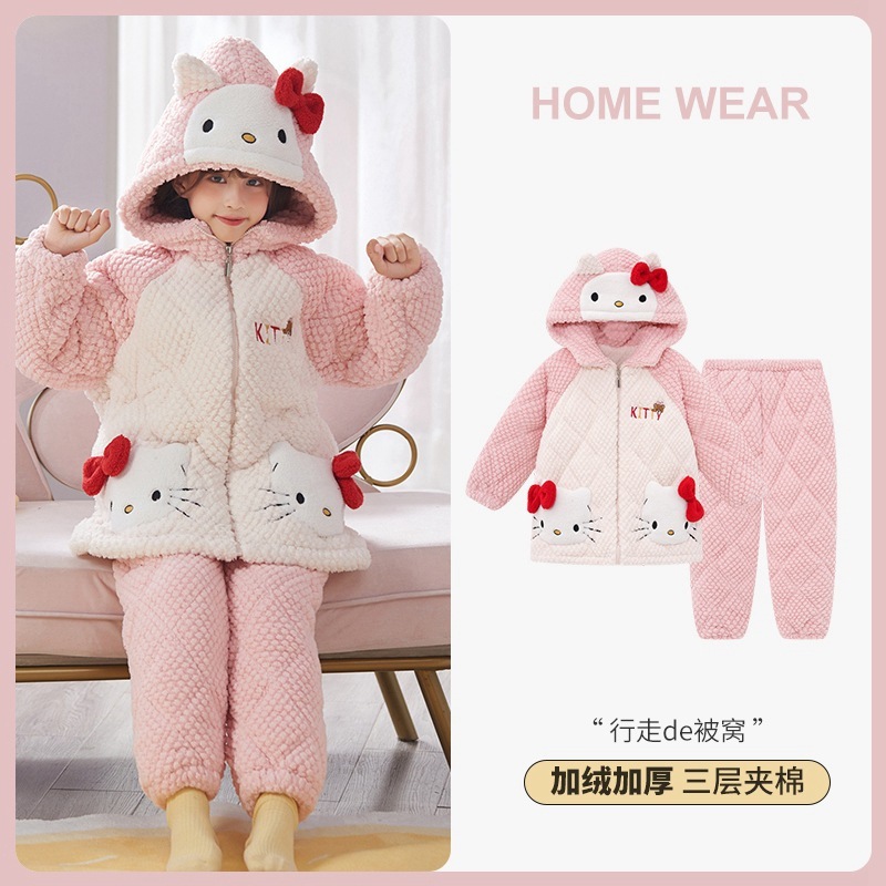 児童クロミ女児フランネル冬パジャマ3層綿入り厚手サンゴ絨毯部屋着セット