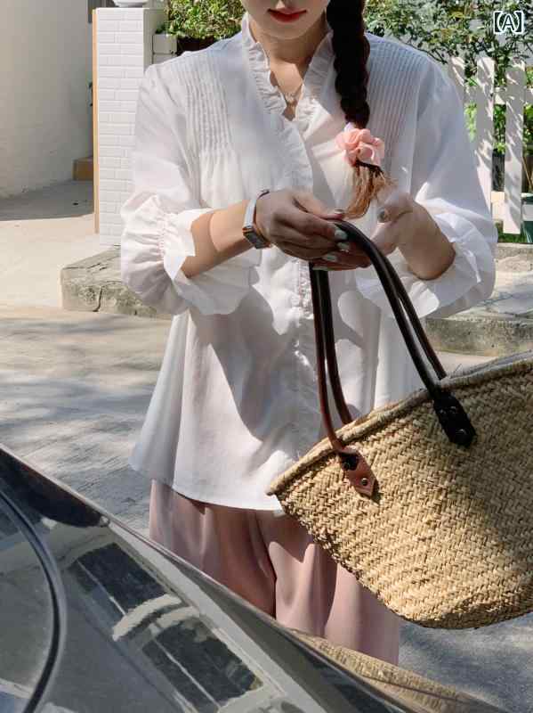 トップス レディース おしゃれ 上品 通勤 オフィス カジュアル 白 フリル 優しい シフォンシャツ 夏 Vネック 長袖 日焼け防止