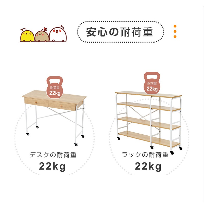 【国内発送,送.料無料】A49デスク+ラック キャスター付き 引き出し付き