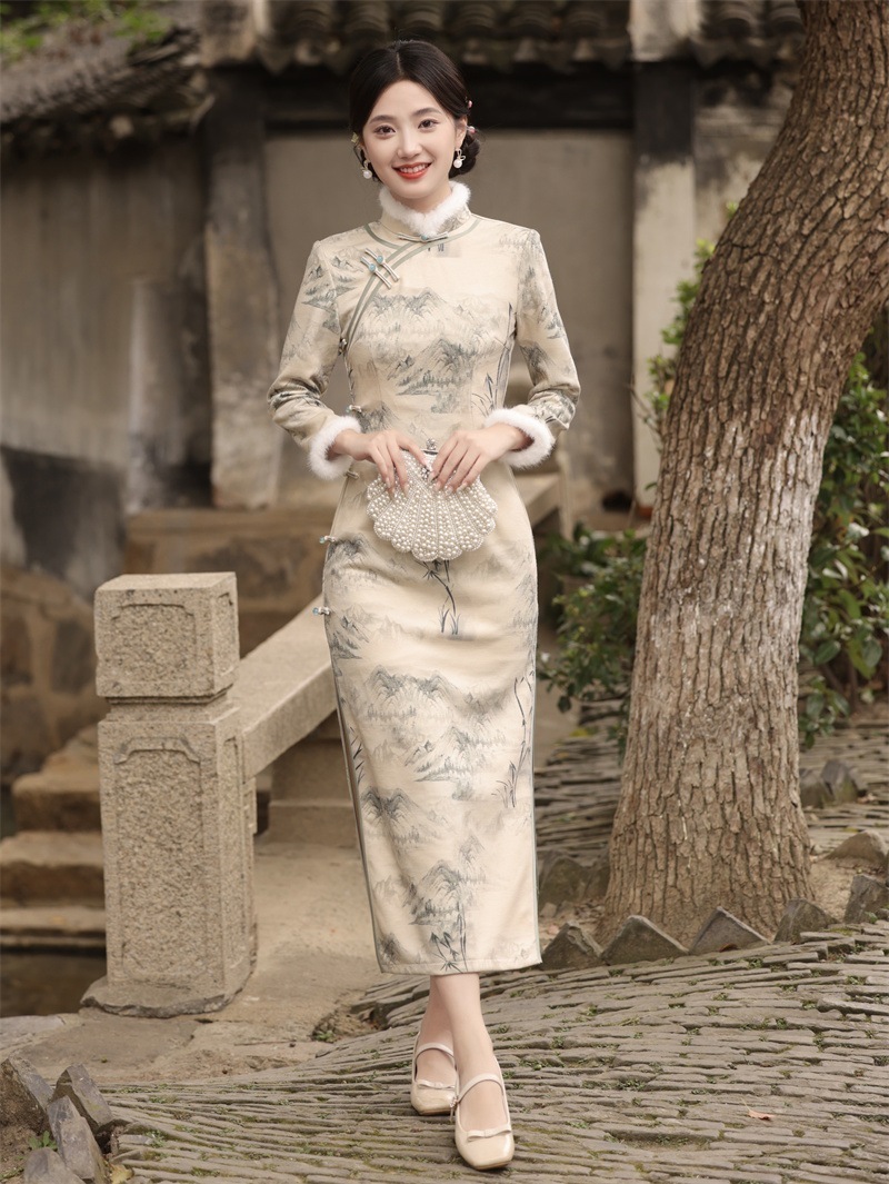 2025新作 秋冬は厚手の長いチャイナドレススタンドカラーの長いチャイナドレス ドレス ワンピース レディース 韓国ファッション パーティードレス 2025新作 秋冬は厚手の長いチャイナドレススタンドカラーの長いチャイナドレス ドレス ワンピース レディース 韓国ファッション パーティードレス