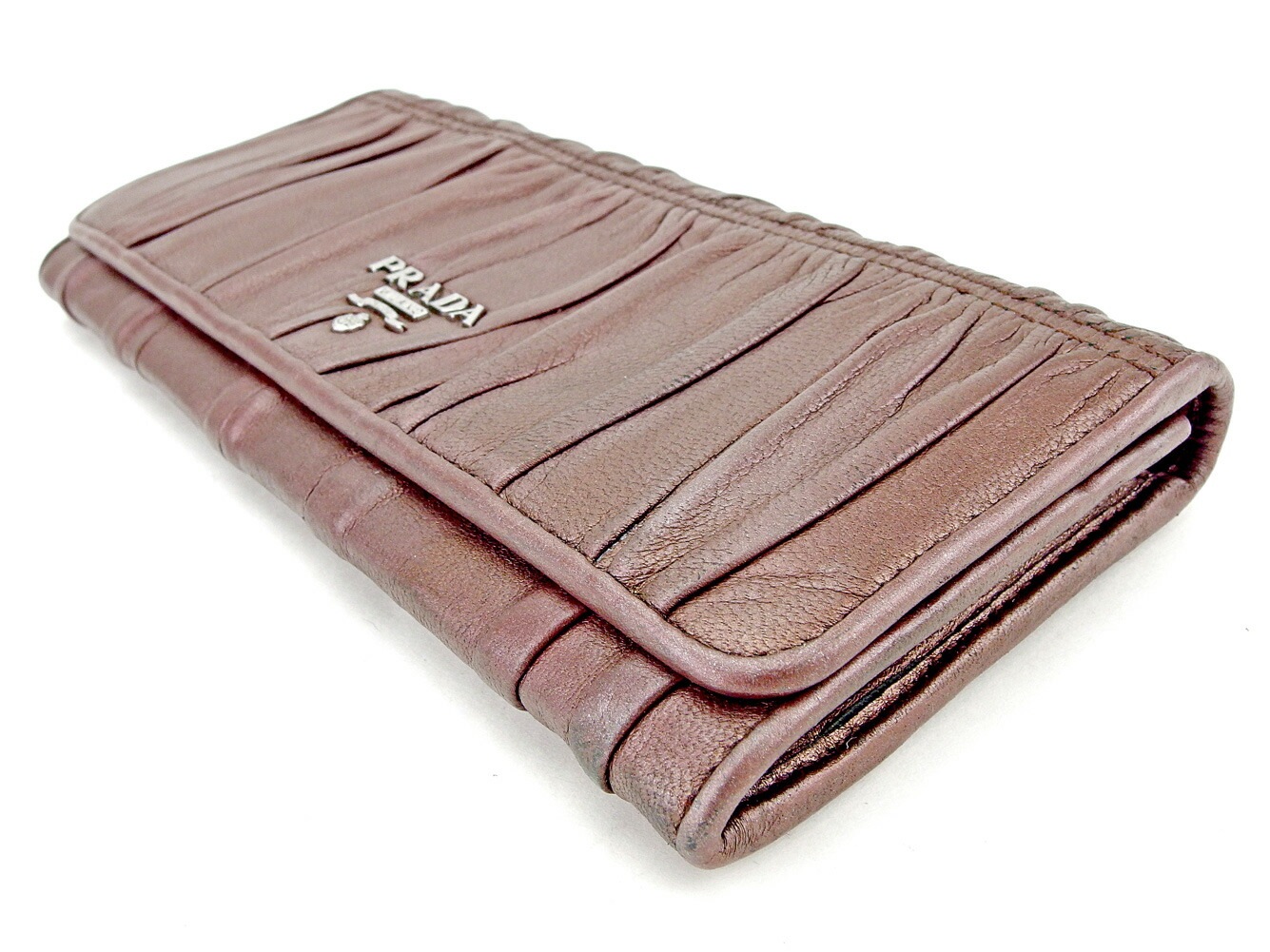 長財布 財布 ファスナー付き ギャザー ブラウン シルバー 中古