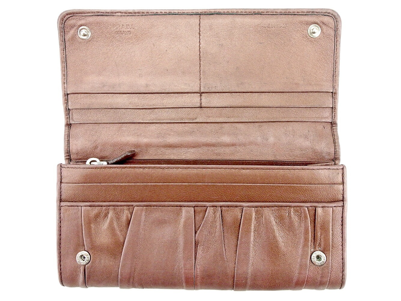 長財布 財布 ファスナー付き ギャザー ブラウン シルバー 中古