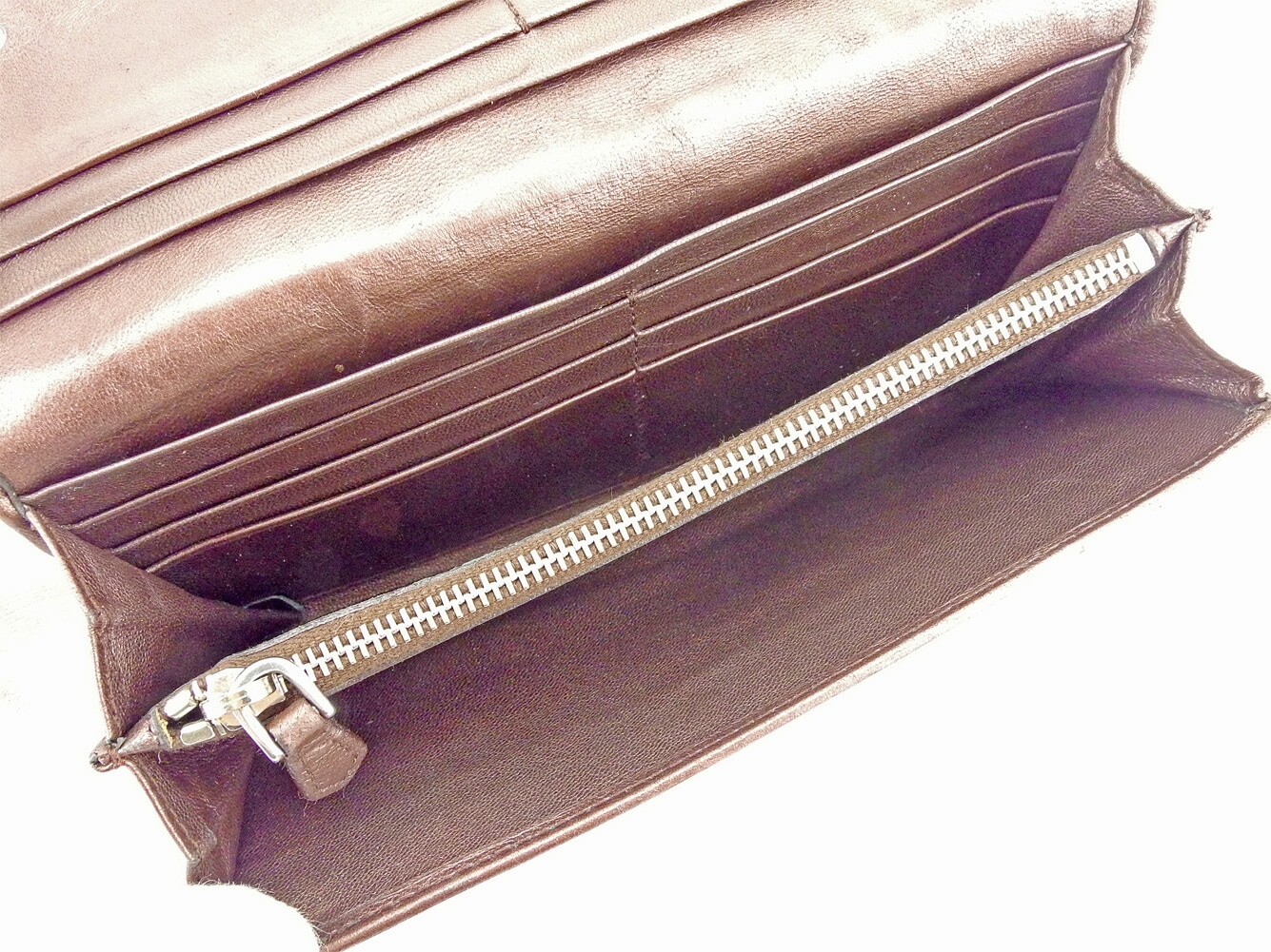 長財布 財布 ファスナー付き ギャザー ブラウン シルバー 中古