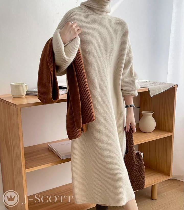 ワンピース レディース ニット タートルネック ドロップショルダー ミディ丈 着まわし エレガント 伸縮性 コンサバ ぽわん袖 ルーム 簡単お手入れ 女性用(アイボリー, XL)