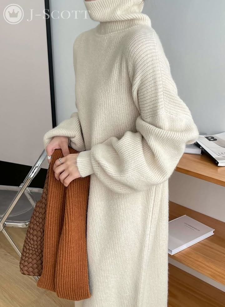 ワンピース レディース ニット タートルネック ドロップショルダー ミディ丈 着まわし エレガント 伸縮性 コンサバ ぽわん袖 ルーム 簡単お手入れ 女性用(アイボリー, XL)