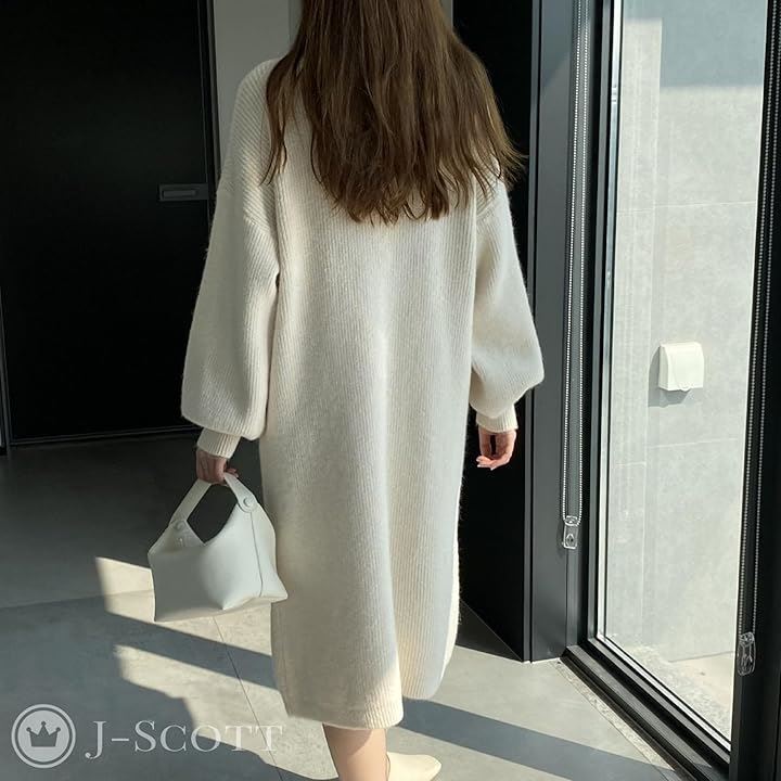 ワンピース レディース ニット タートルネック ドロップショルダー ミディ丈 着まわし エレガント 伸縮性 コンサバ ぽわん袖 ルーム 簡単お手入れ 女性用(アイボリー, XL)