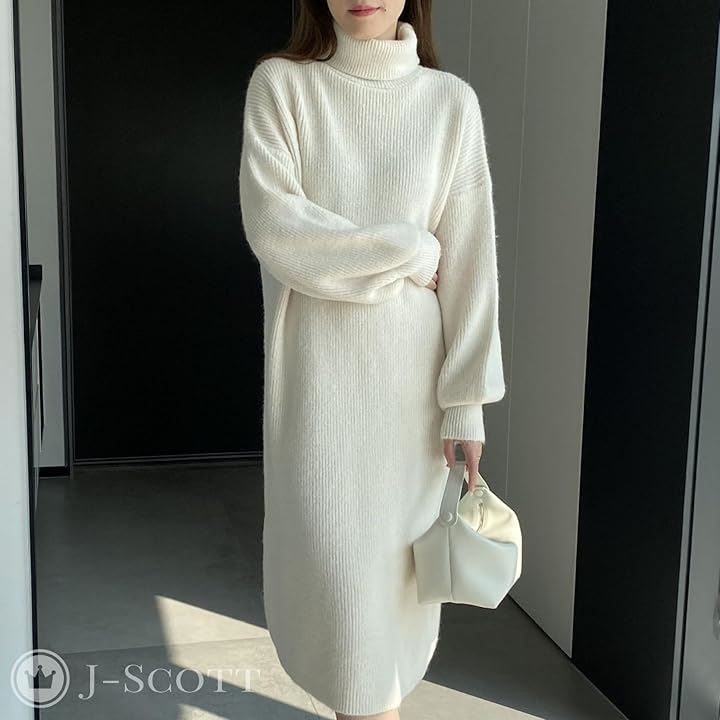 ワンピース レディース ニット タートルネック ドロップショルダー ミディ丈 着まわし エレガント 伸縮性 コンサバ ぽわん袖 ルーム 簡単お手入れ 女性用(アイボリー, XL)