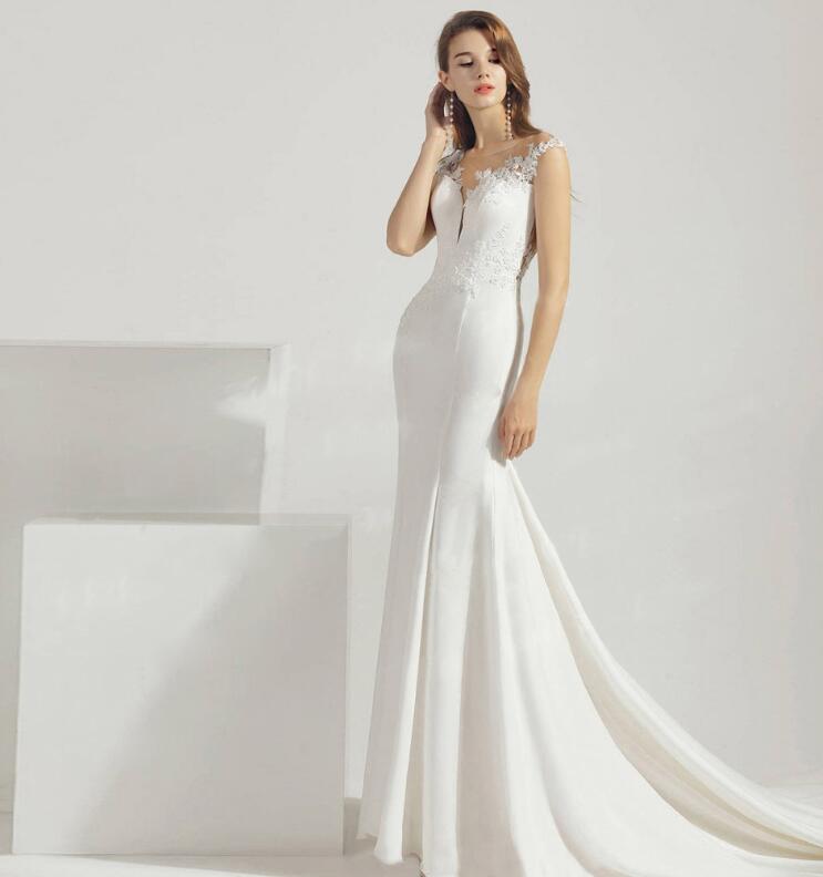 ウェディングドレス 花嫁ドレス ロングドレス マーメイドライン ミニ袖 二次会ドレス フォーマルドレス 白ドレス パーティードレス 細見え エレガント ブライダル 演奏会 音楽会 海外挙式 二次会 披