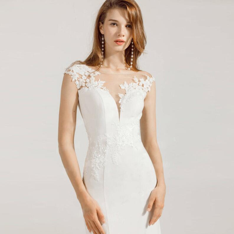 ウェディングドレス 花嫁ドレス ロングドレス マーメイドライン ミニ袖 二次会ドレス フォーマルドレス 白ドレス パーティードレス 細見え エレガント ブライダル 演奏会 音楽会 海外挙式 二次会 披