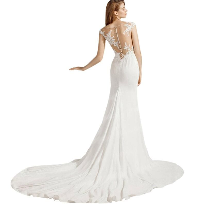 ウェディングドレス 花嫁ドレス ロングドレス マーメイドライン ミニ袖 二次会ドレス フォーマルドレス 白ドレス パーティードレス 細見え エレガント ブライダル 演奏会 音楽会 海外挙式 二次会 披