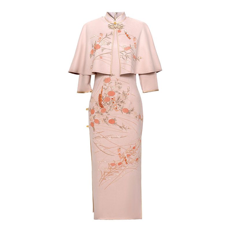 スエード プリント スーツ チャイナドレス 女の子 中華民国風 文学 レトロ 雰囲気 ケープ風 ロングスタイル デイリーウェア スエード プリント スーツ チャイナドレス 女の子 中華民国風 文学 レトロ 雰囲気 ケープ風 ロングスタイル デイリーウェア