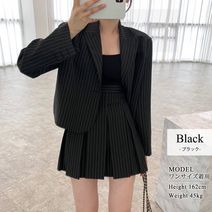 セットアップ レディース 韓国 ジャケット スカート 2点セット おしゃれ かわいい 黒 ストライプ 上下セット スーツ ミディアム丈 ピークドラペル 袖ボタン 中厚手 春秋 ヨークスカート ミニスカ