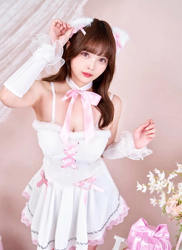 【即納】ハロウィン コスプレ キャット ネコ 猫 猫耳 アニマル ピンク ホワイト リボン ワンピース レース すずら 姫 ファー アイドル 衣装 プチプラ 可愛い 女性 レディース 一式 Lunar