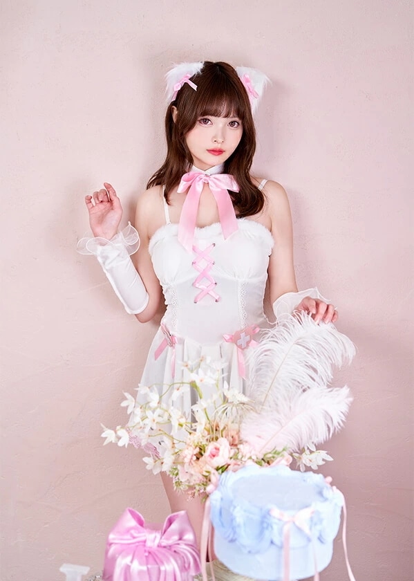 【即納】ハロウィン コスプレ キャット ネコ 猫 猫耳 アニマル ピンク ホワイト リボン ワンピース レース すずら 姫 ファー アイドル 衣装 プチプラ 可愛い 女性 レディース 一式 Lunar
