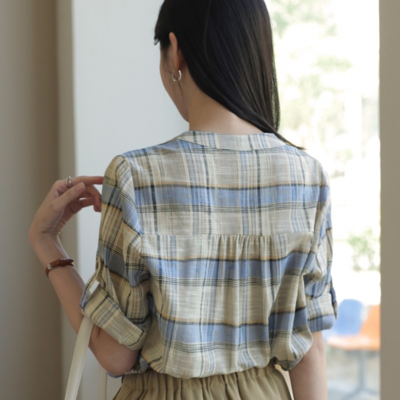 Click & Funny チェルシーストリングロールアップリネンチェックシャツ