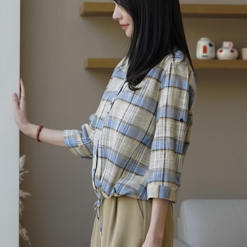 Click & Funny チェルシーストリングロールアップリネンチェックシャツ