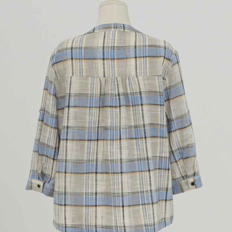 Click & Funny チェルシーストリングロールアップリネンチェックシャツ