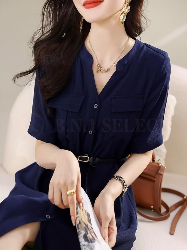 サーマル ワンピース スキッパー きれいめ カジュアル 半袖 膝丈 春 夏 秋 レディース( ネイビー, M) サーマル ワンピース スキッパー きれいめ カジュアル 半袖 膝丈 春 夏 秋 レディース( ネイビー, M)