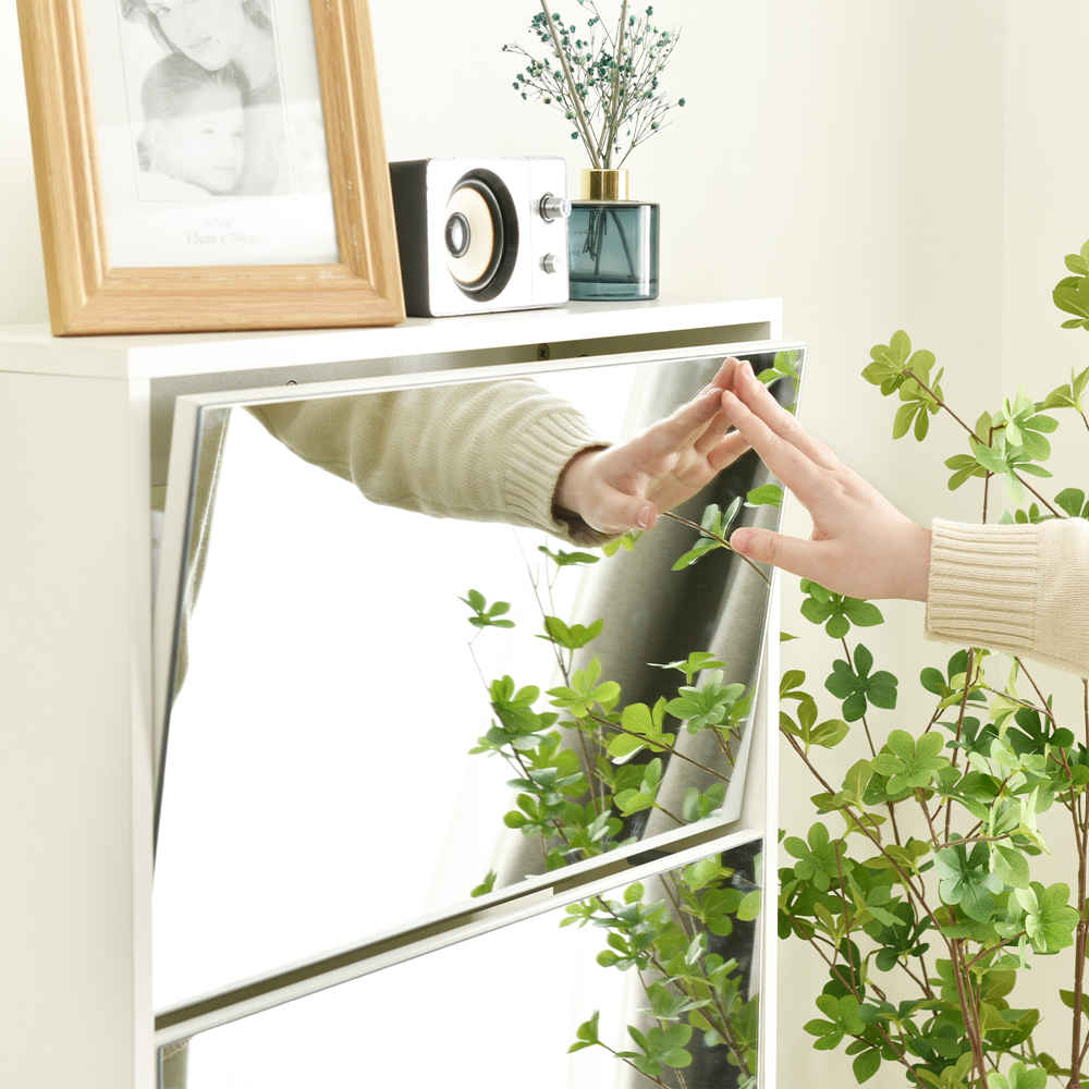 超人気 【新品】 薄型 4段 シューズラック スリム シューズボックス 靴箱 下駄箱 ミラー 全身鏡 玄関収納 消臭 大容量 木製 姿見 スリム ナチュラル ホワイト くつ箱 靴入れ 収納ラック エン