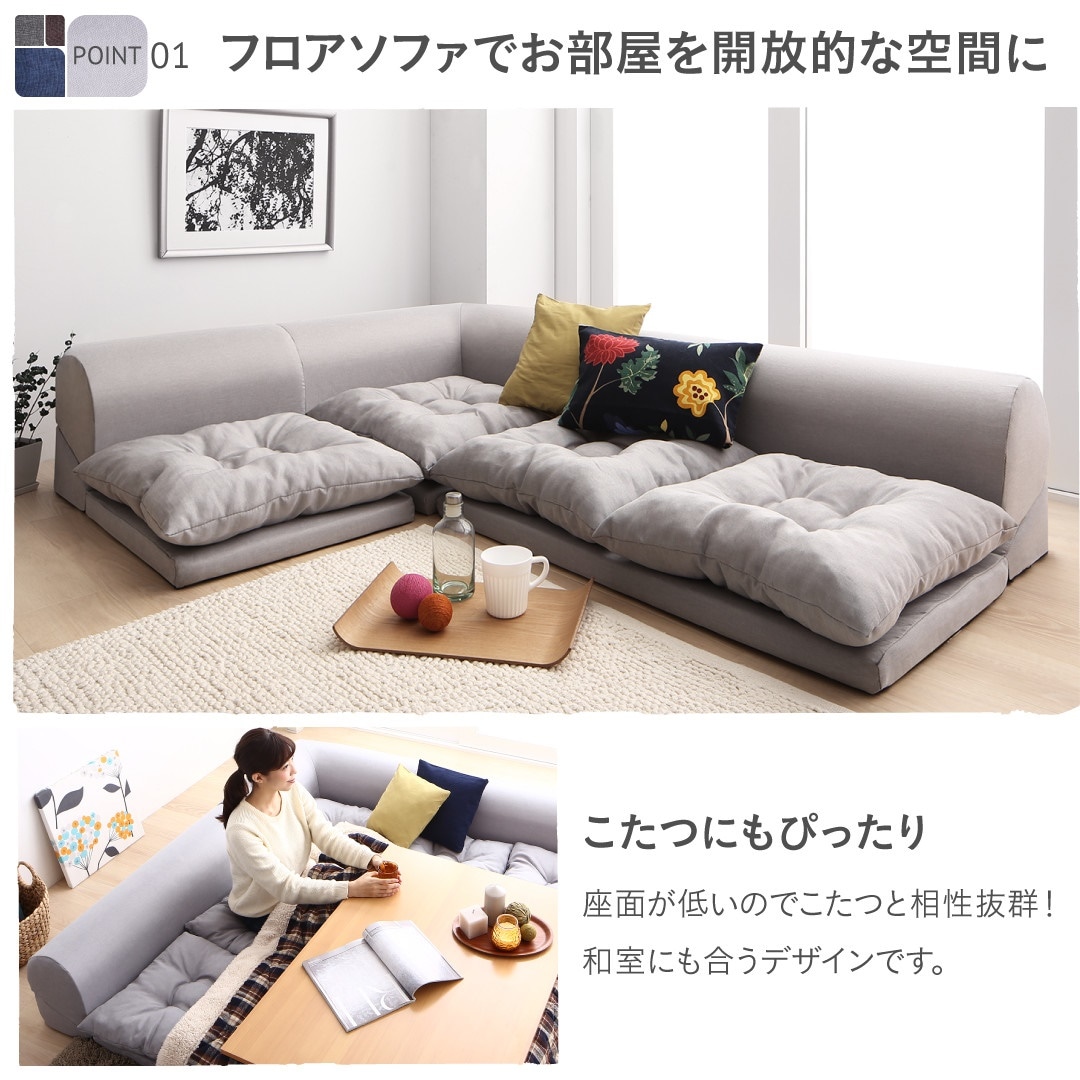 セットが選べる レイアウト自在 フロアコーナーソファ [fleche]フレーシュ ソファ4点セット 2Pサイズx2+コーナーx2 ネイビー